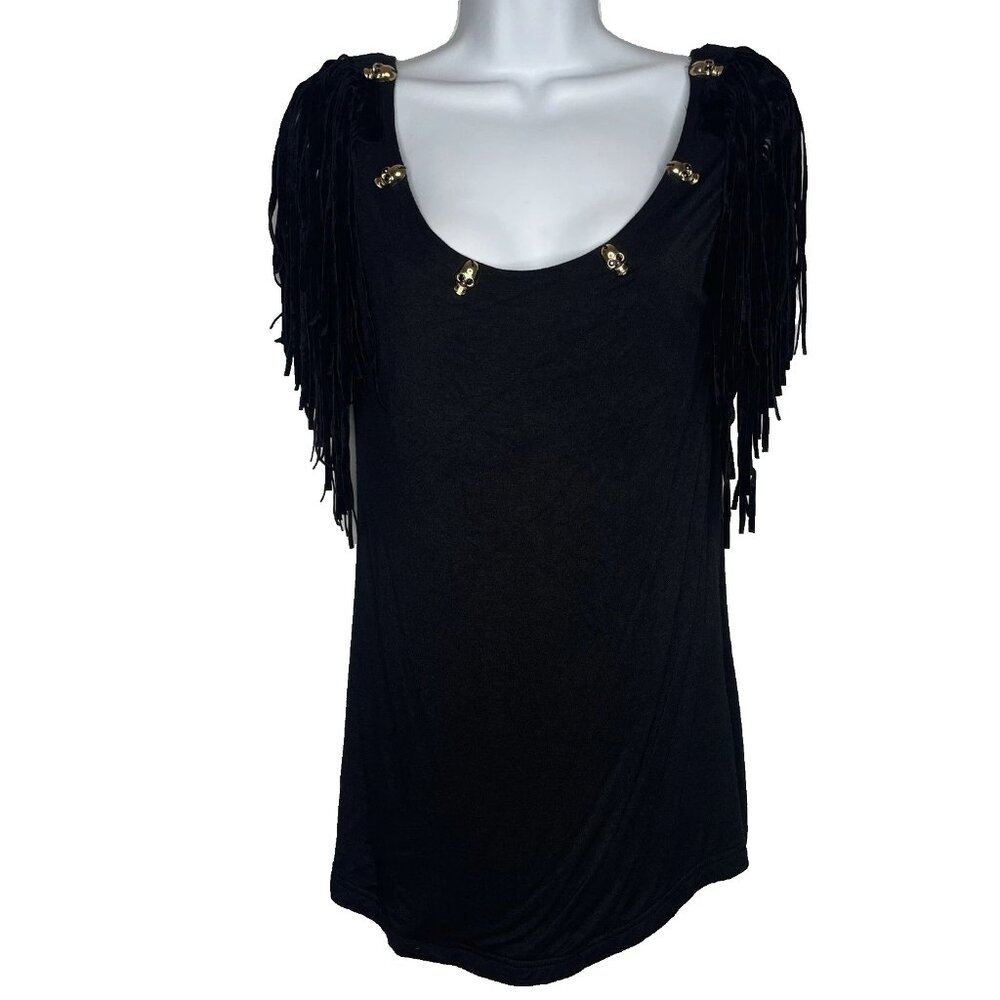 Rehab Black Tunic Tank Top Size L 3D Rhinestone Skull Velvet Fringe